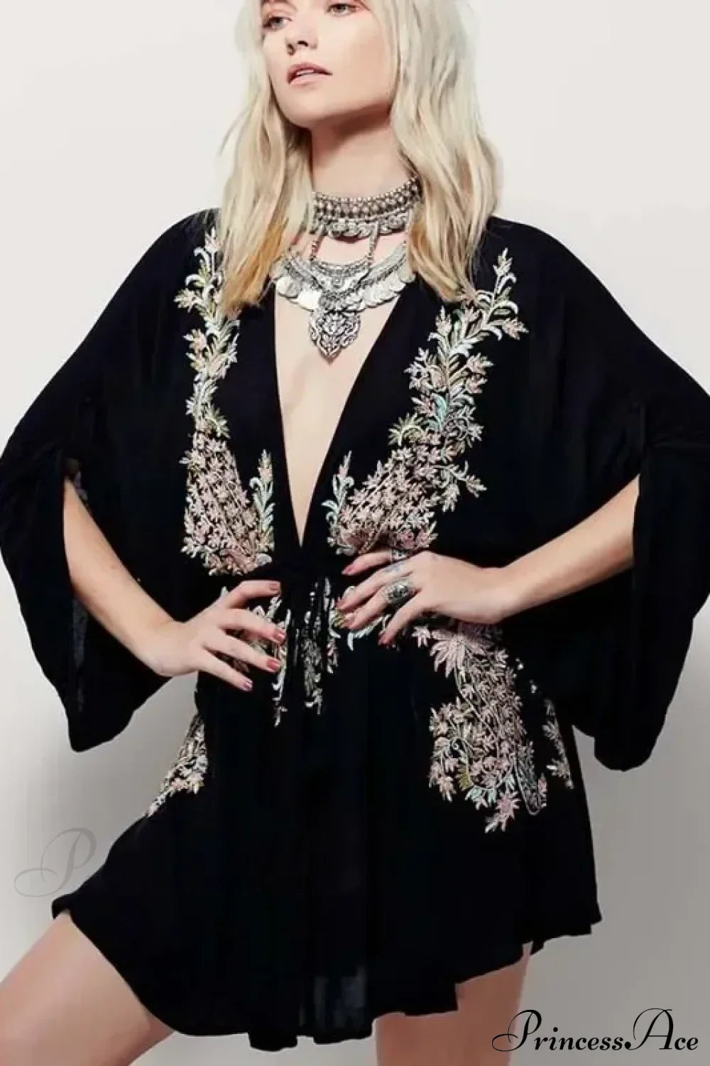 Cotton Rayon Purple Floral Embroidery Boho Dress Black / S bohodress-250126