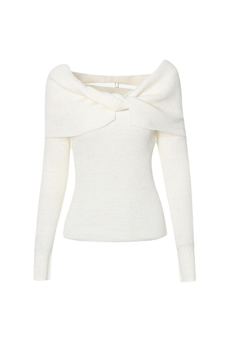 Cozy Draped Twist Knot Folded Off Shoulder Long Sleeve Ribbed Knit Sweater - Fashionpara