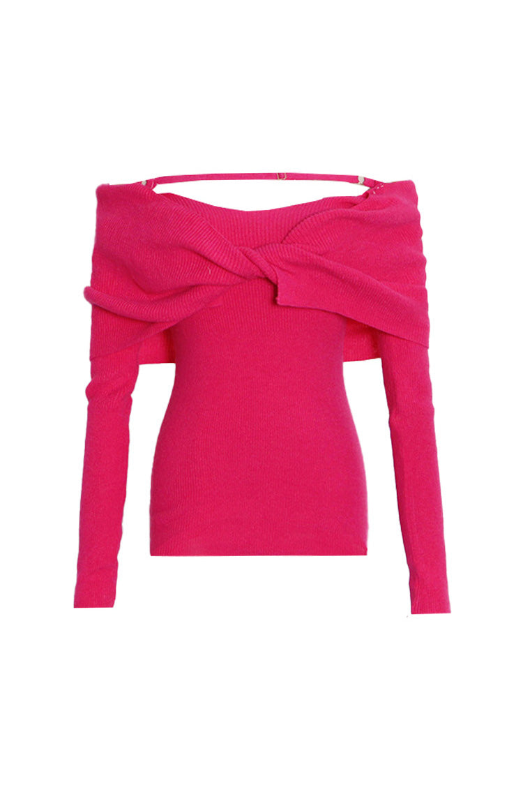 Cozy Draped Twist Knot Folded Off Shoulder Long Sleeve Ribbed Knit Sweater - Fashionpara