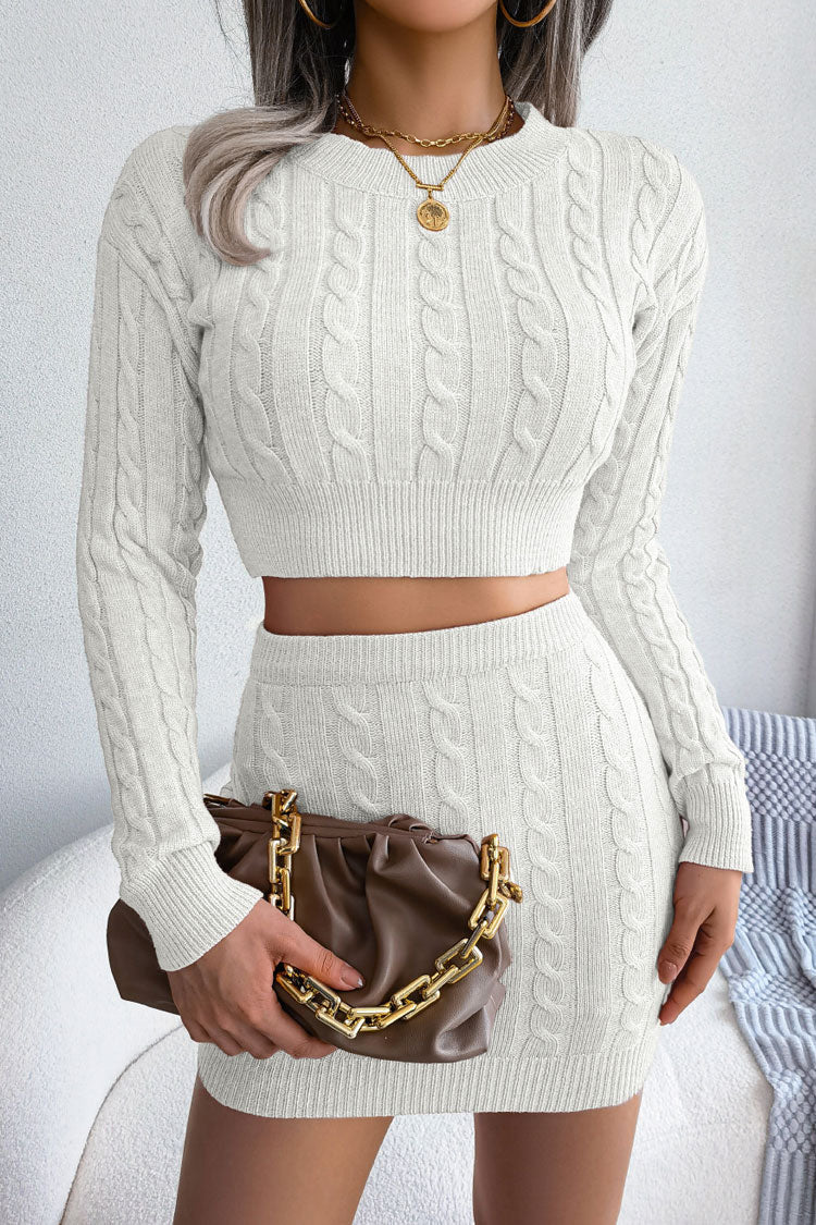Cozy Fitted Winter Cable Knit Crop Sweater Two Piece Dress - White  Fashionpara