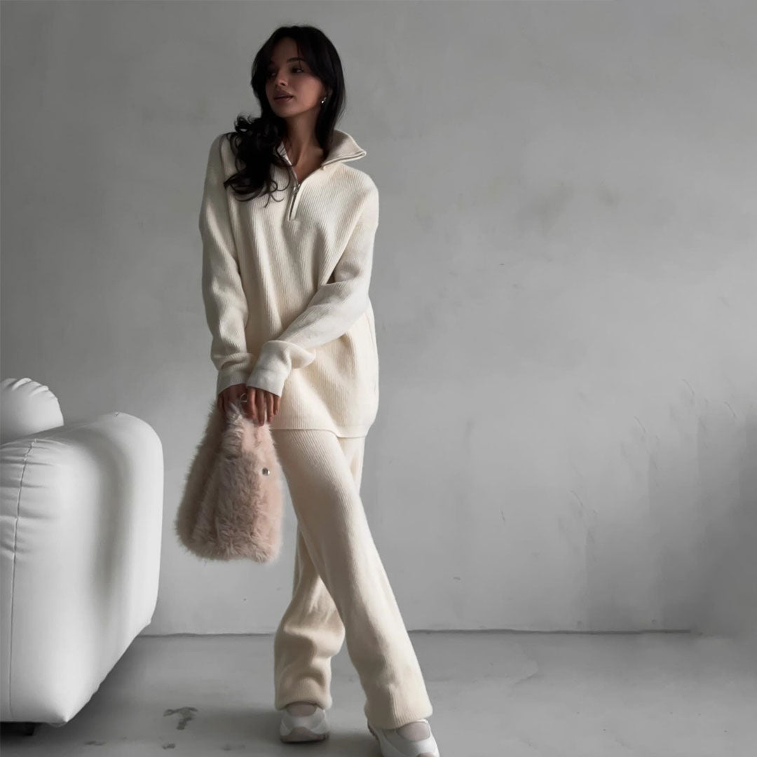 Cozy Ribbed Knit Half Zip Sweater and Pant Set for Style