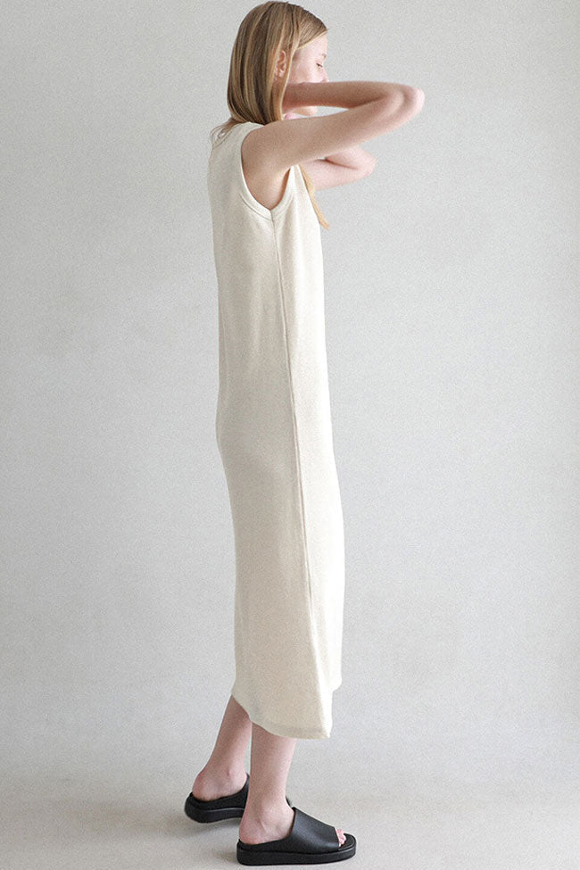 Cozy Textured Cotton Blend Summer Midi Sundress - Off White - Fashionpara