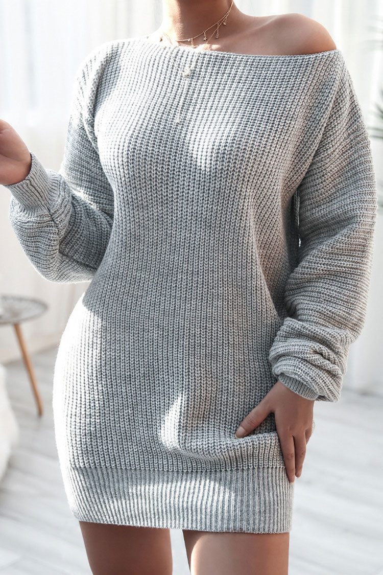 Cozy Gray Long Sleeve Boat Neck Sweater Dress for Winter