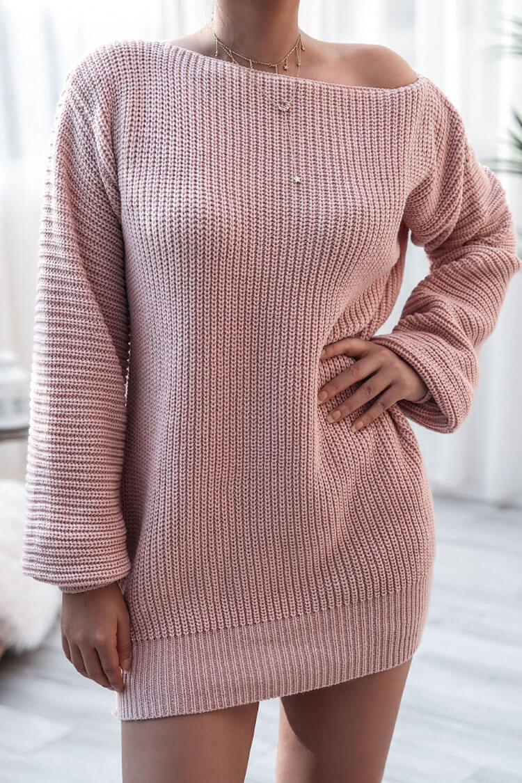 Rosedress Cozy Pink Boat Neck Long Sleeve Sweater Dress