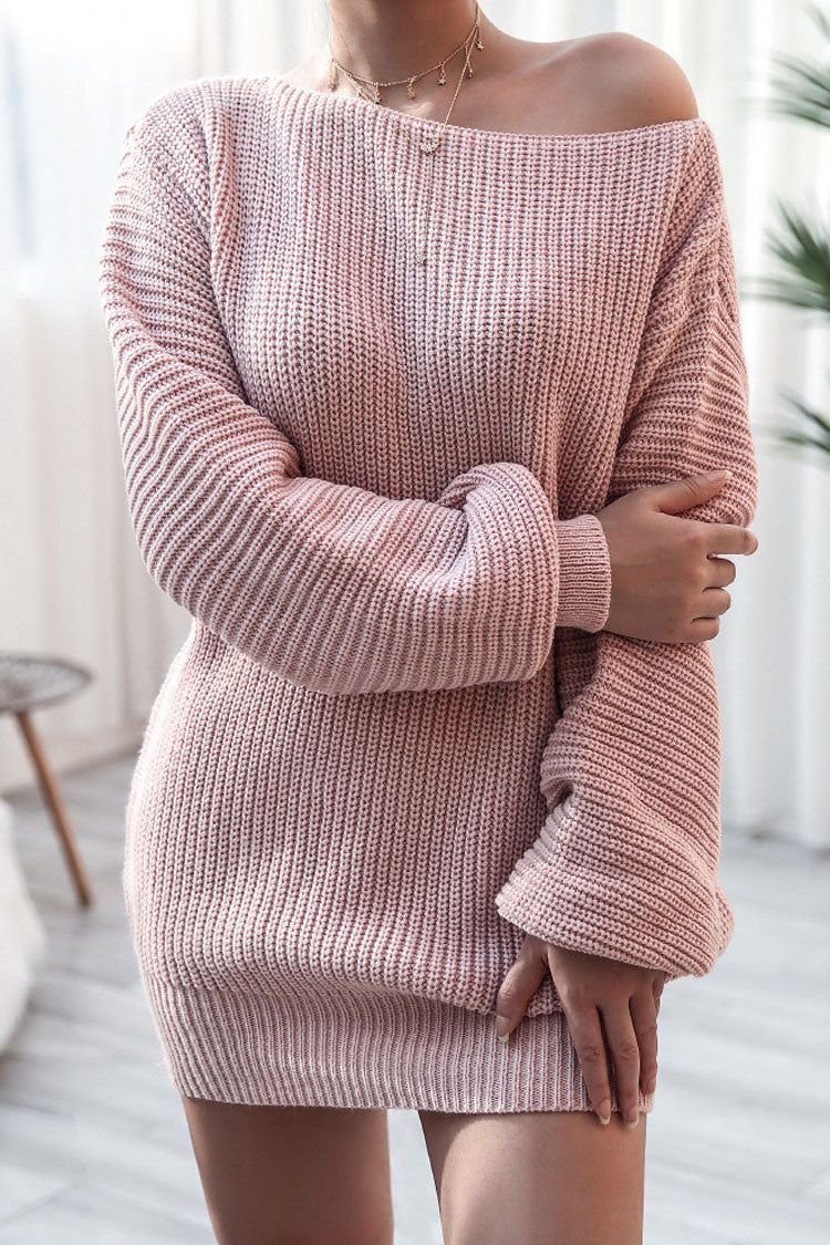 Rosedress Cozy Pink Boat Neck Long Sleeve Sweater Dress