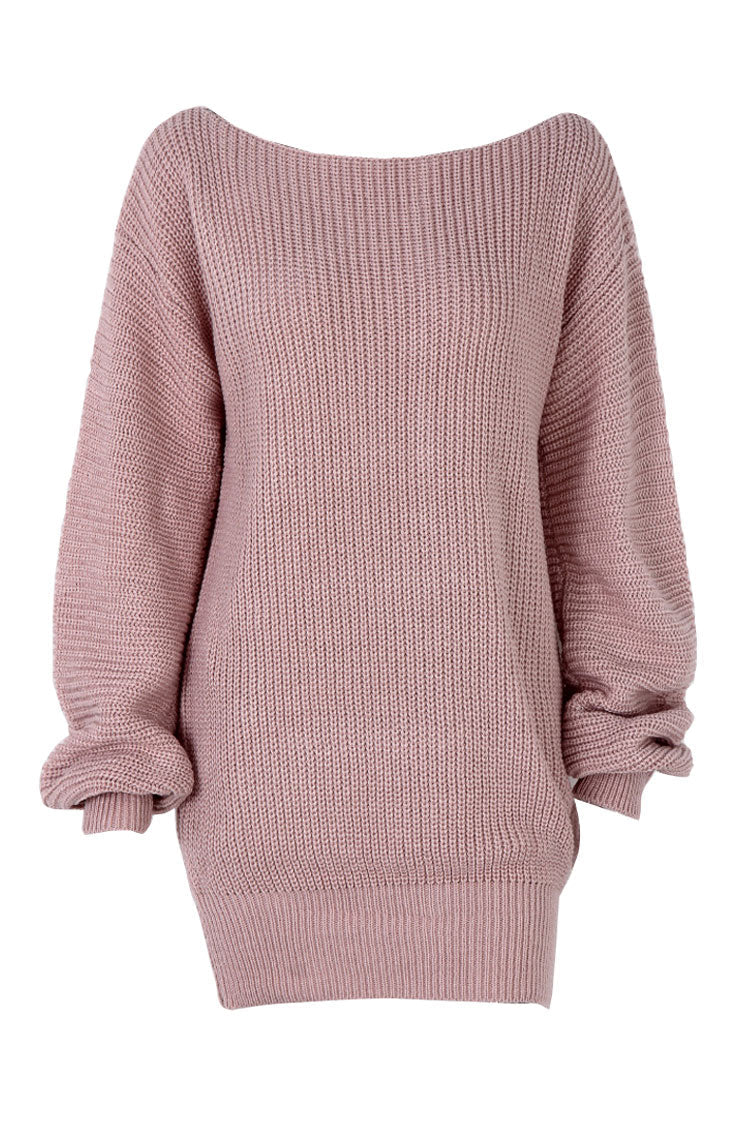 Rosedress Cozy Pink Boat Neck Long Sleeve Sweater Dress