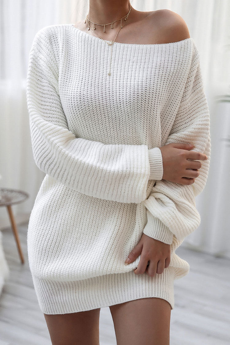 Rosedress Cozy White Boat Neck Long Sleeve Sweater Dress