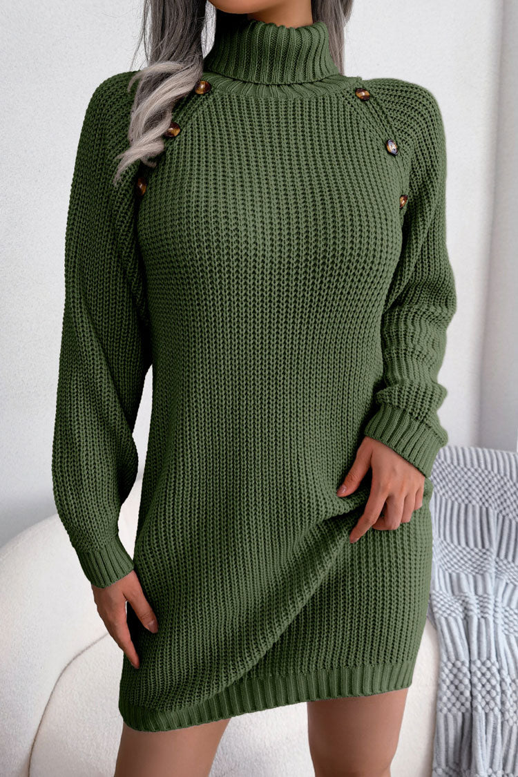 Cozy Ribbed Turtleneck Sweater Dress in Army Green