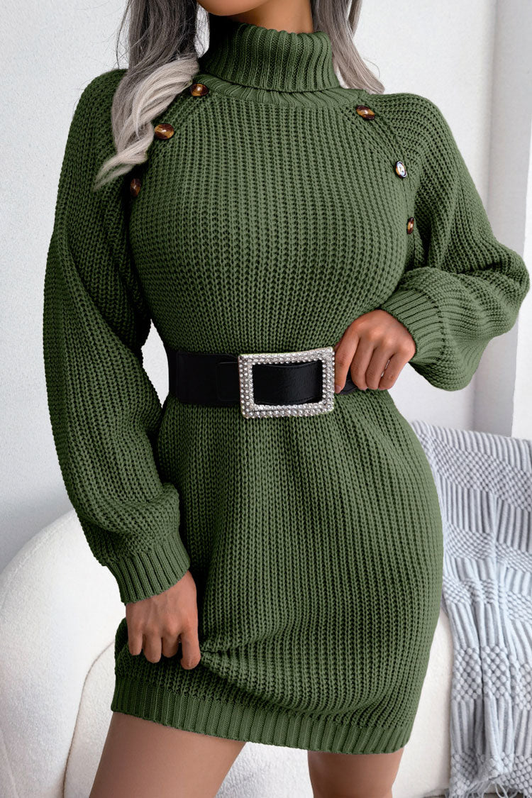 Cozy Ribbed Turtleneck Sweater Dress in Army Green