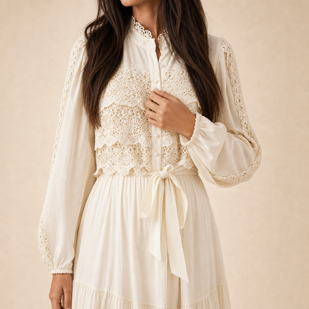 High Neck Long Sleeve Lace Trim Tiered Belted Midi Dress 2