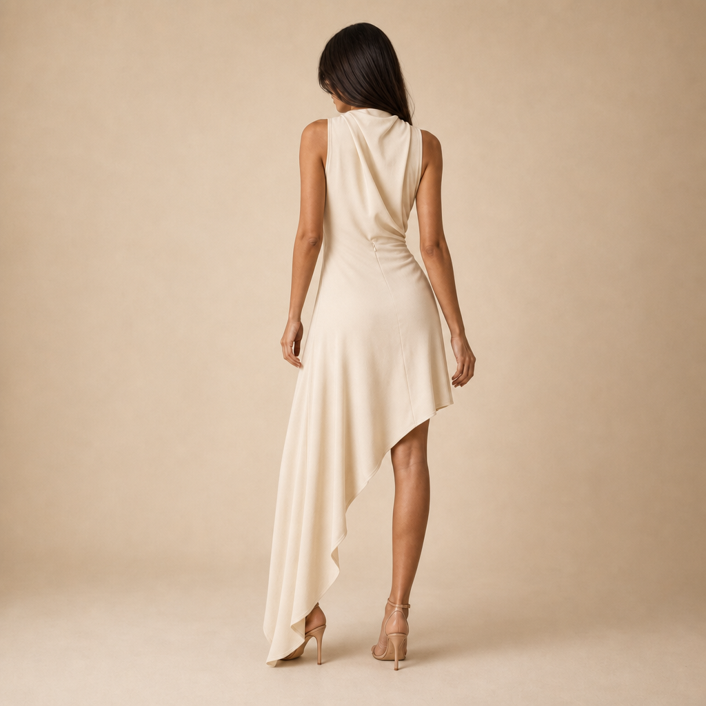 High Neck Sleeveless Twist Front Asymmetric Draped Midi Dress 9