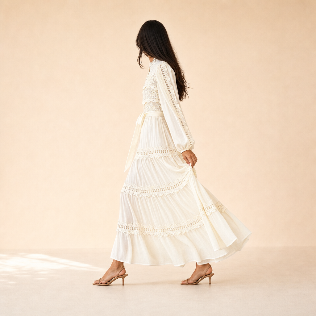 High Neck Long Sleeve Lace Trim Tiered Belted Midi Dress 5