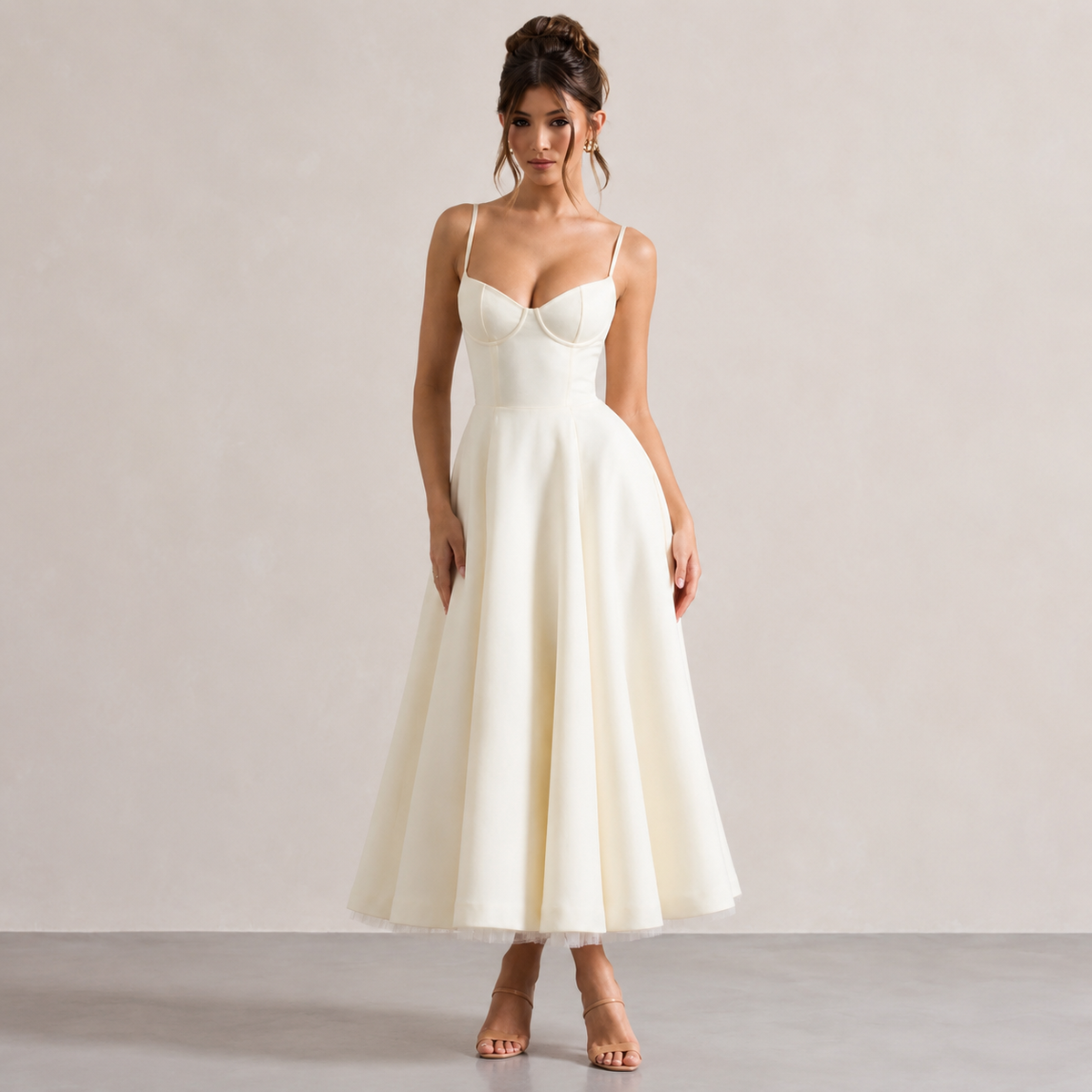 Sweetheart Cami Strap Corset A-Line Satin Midi Dress 4