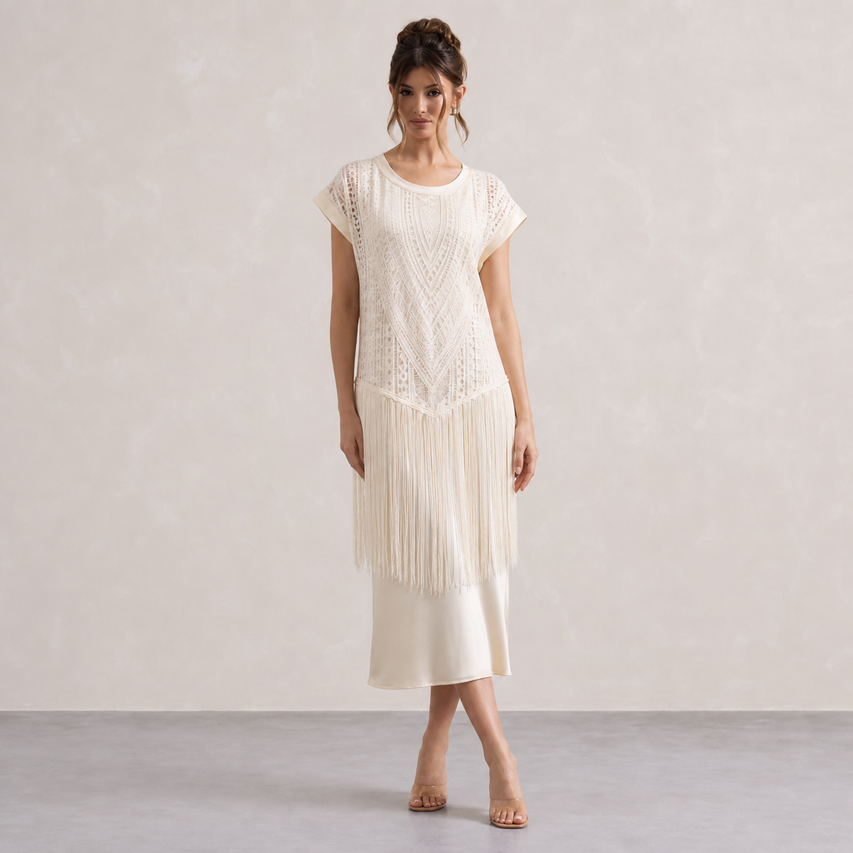 Crochet Lace Fringe Cap Sleeve Midi Dress