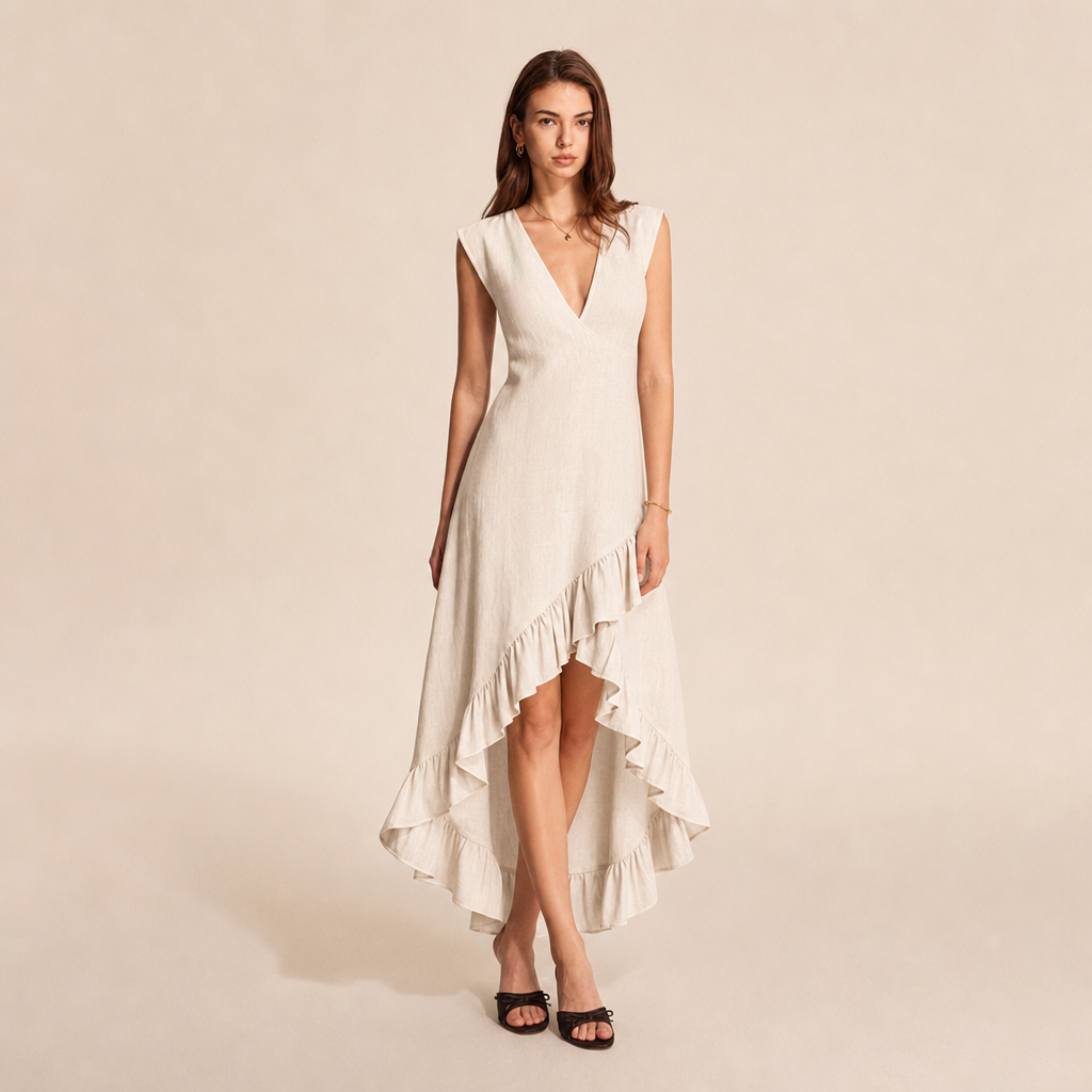 Linen Look V-Neck Ruffle High Low Midi Dress
