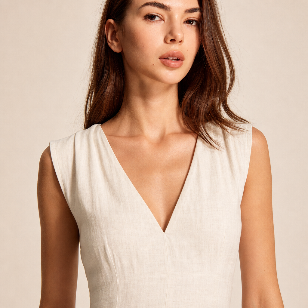 Linen Look V-Neck Ruffle High Low Midi Dress 2