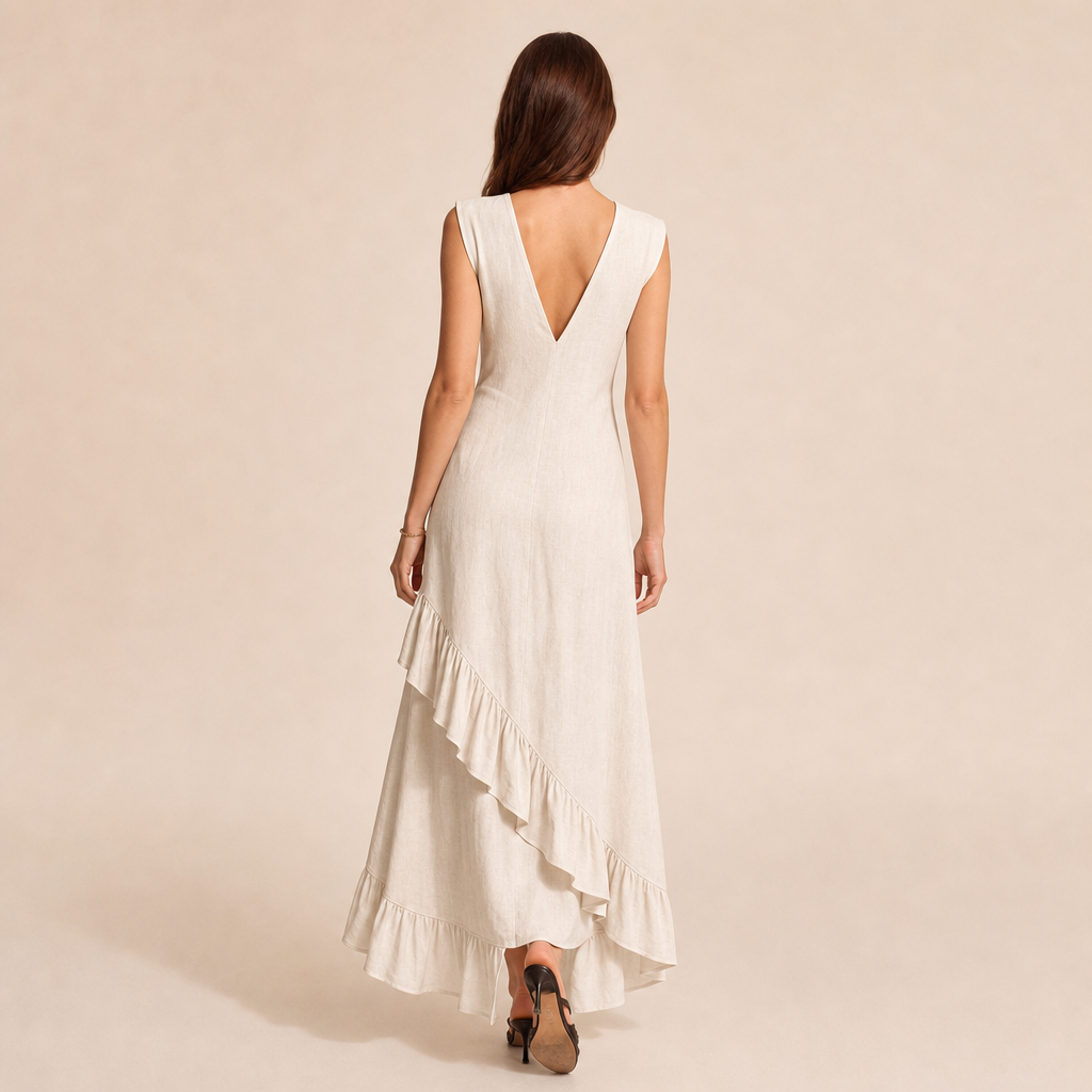 Linen Look V-Neck Ruffle High Low Midi Dress 3