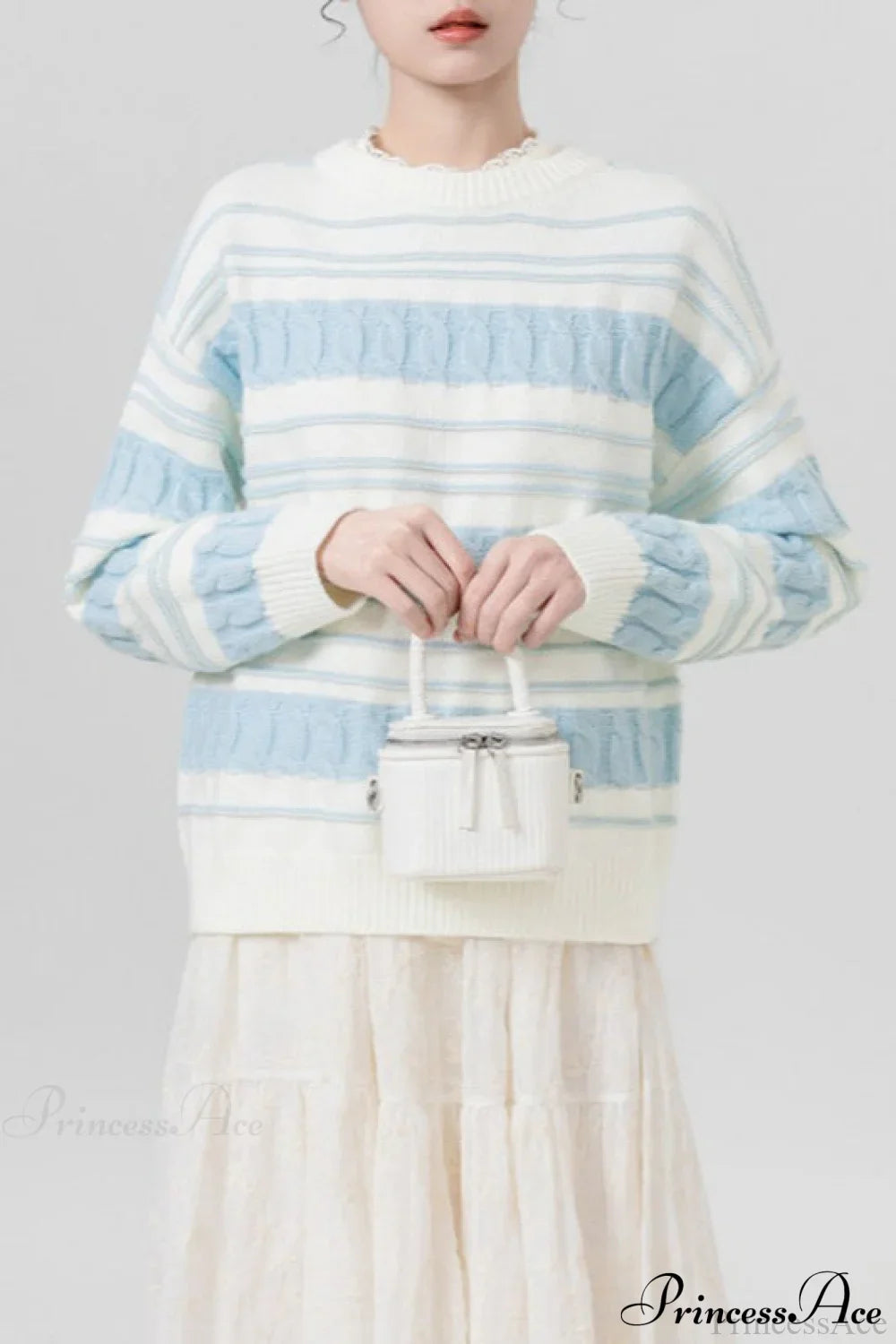 PrincessAce Creamy Stripe Loose Cable-Knit Sweater