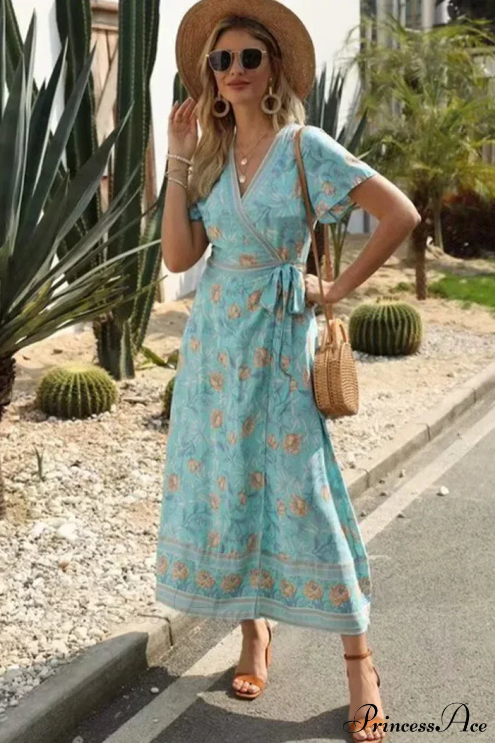 Cross V-neck Ruffles Boho Pleated Dress