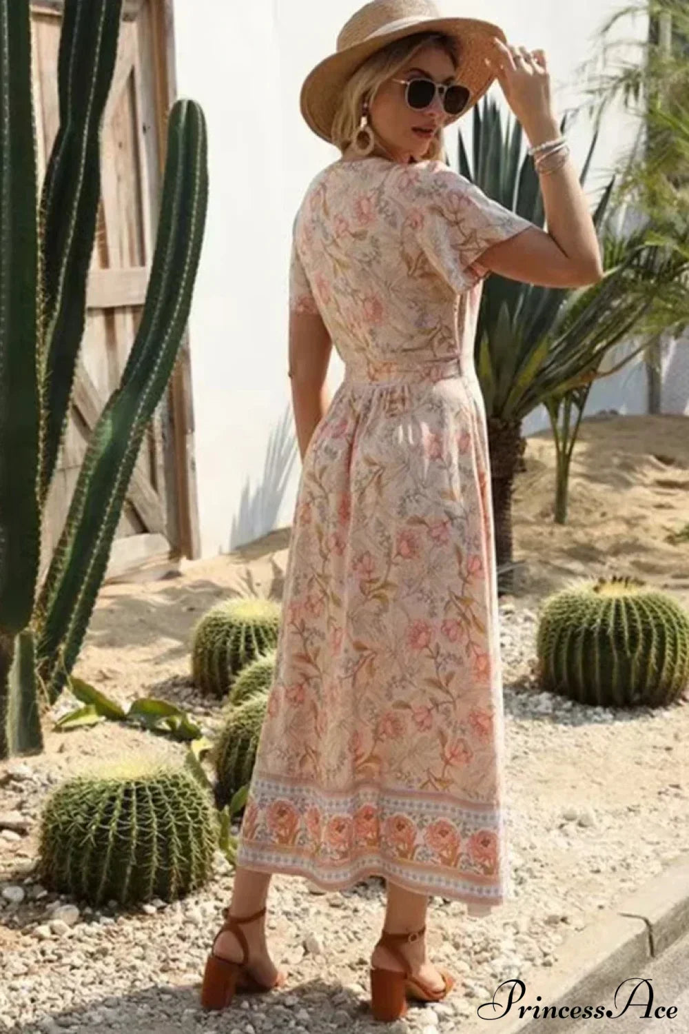 Cross V-neck Ruffles Boho Pleated Dress Pink / S bohodress-250126