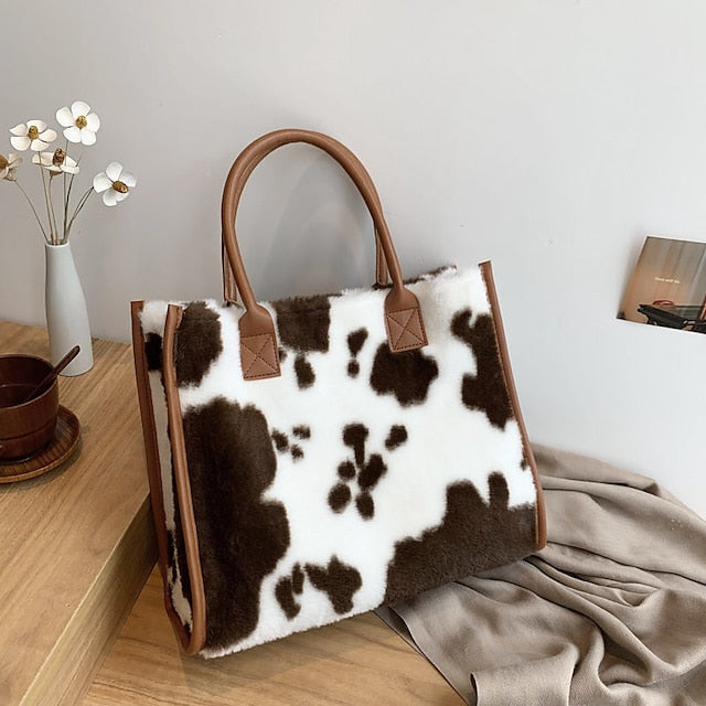 Tote Bag with Leather Faux Leopard Print Brown Fur