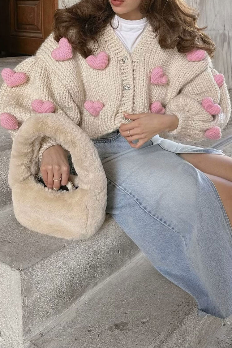 Handmade Chunky Yarn Heart Button-Up Cardigan by Rosedress
