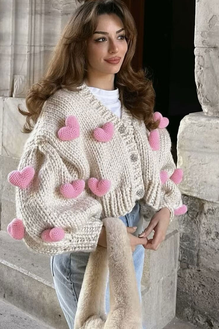 Handmade Chunky Yarn Heart Button-Up Cardigan by Rosedress