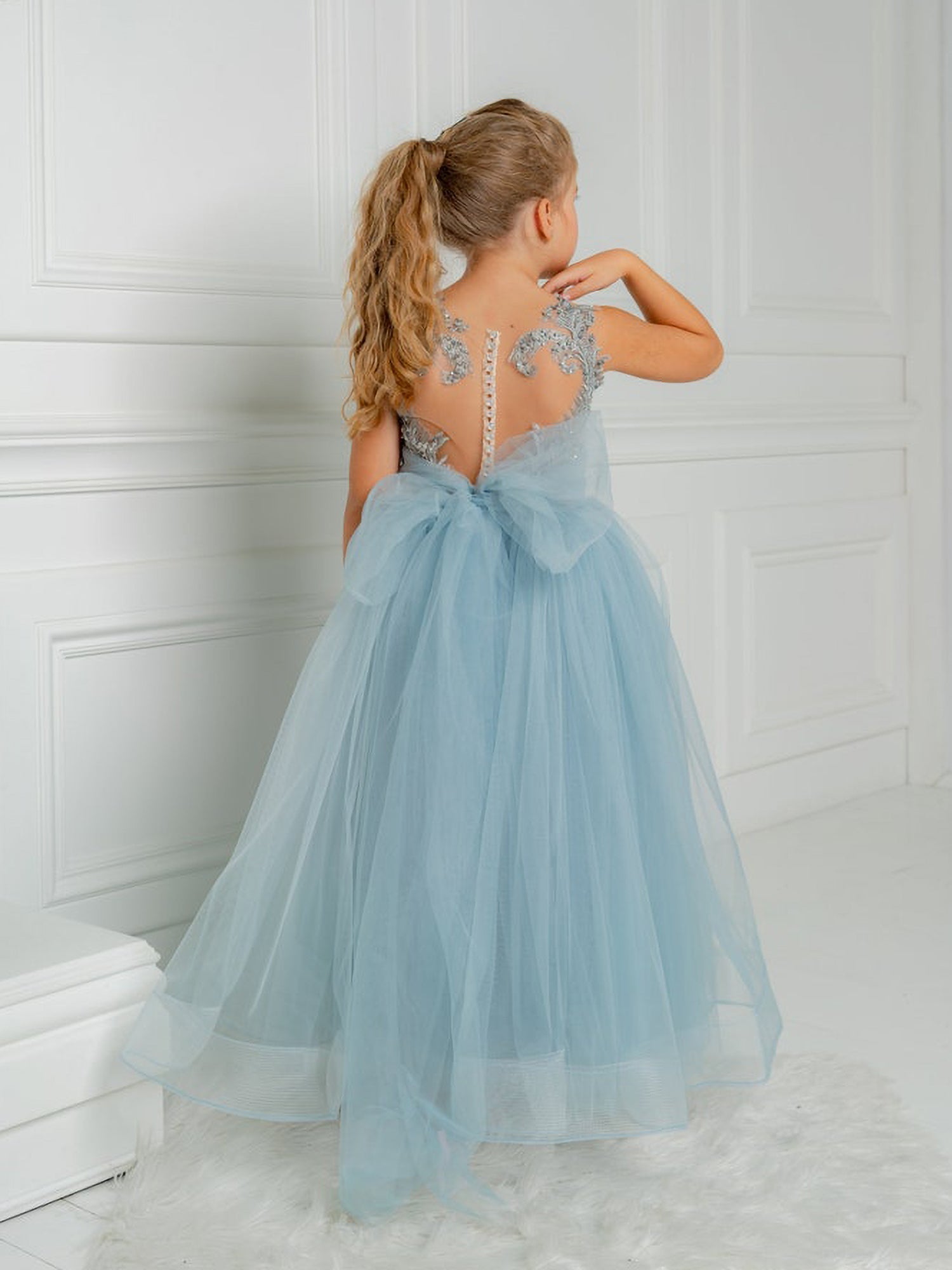 Cute Blue Sleeveless Ball Gown Flower Girls Dress With Beads - Fashionpara