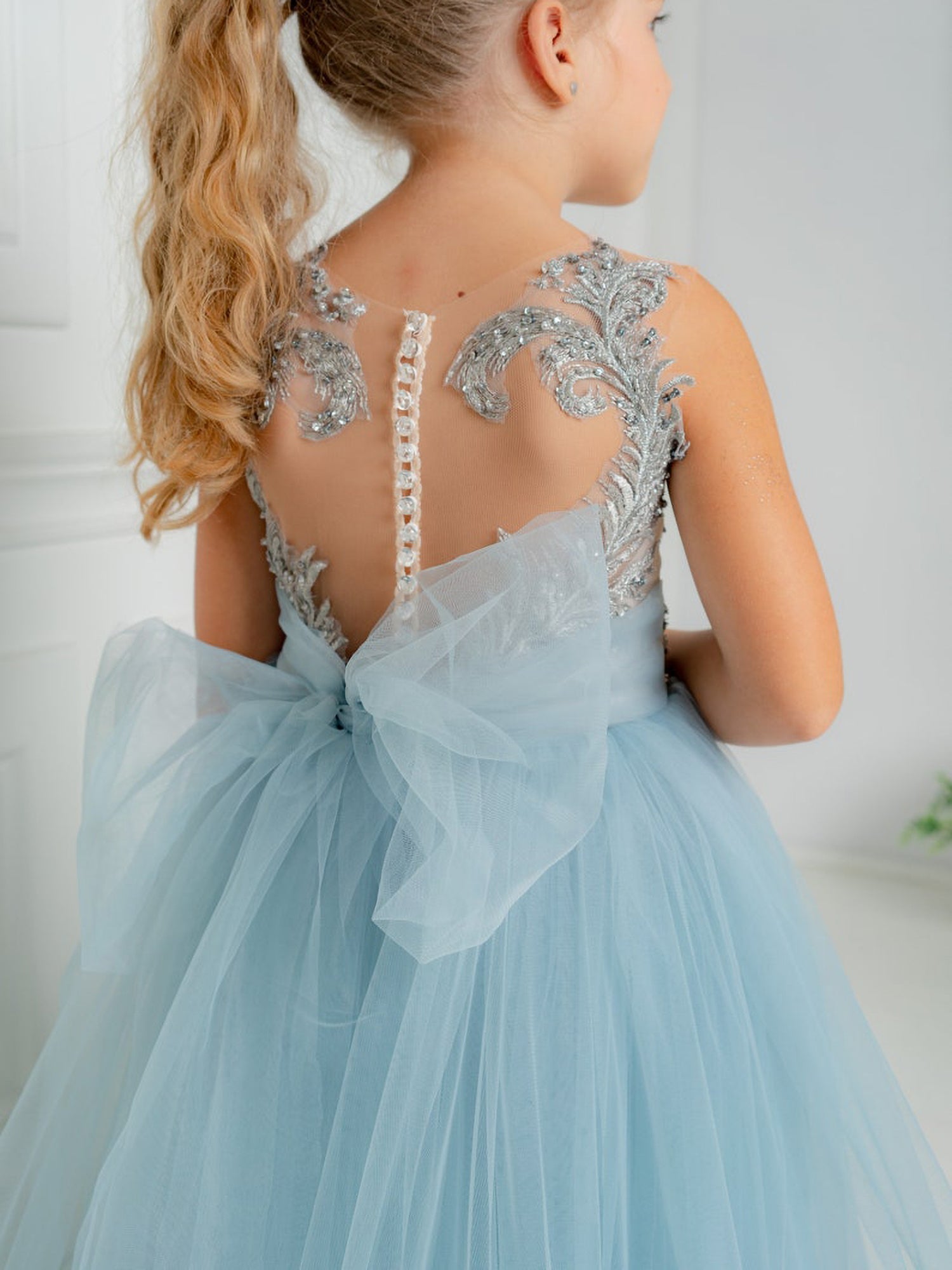Cute Blue Sleeveless Ball Gown Flower Girls Dress With Beads - Fashionpara