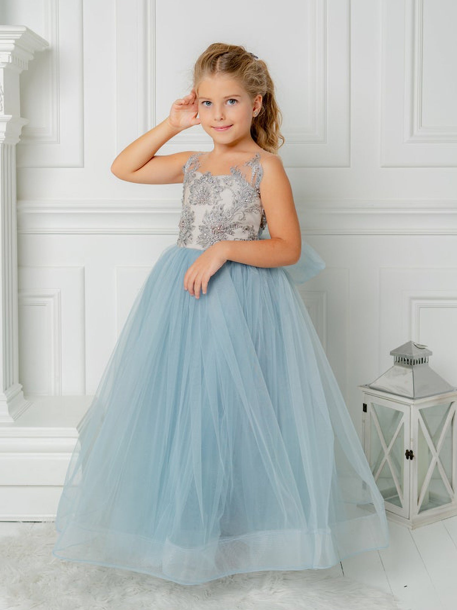 Cute Blue Sleeveless Ball Gown Flower Girls Dress With Beads - Fashionpara