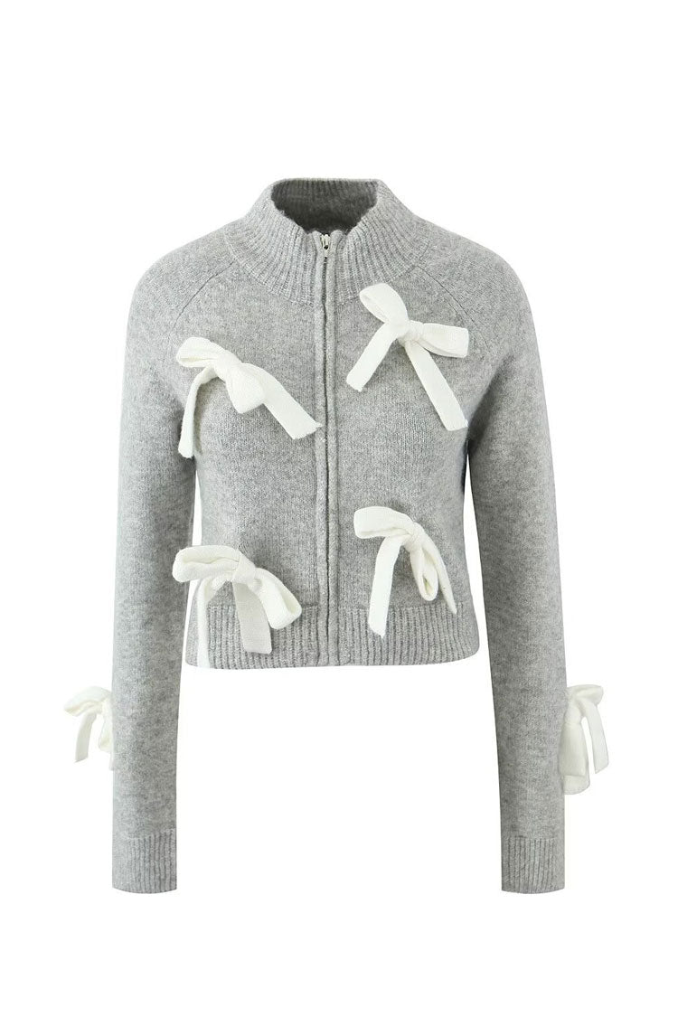 Cute Bow Decor Ribbed Knit Mock Neck Long Sleeve Zip Up Crop Cardigan - Fashionpara