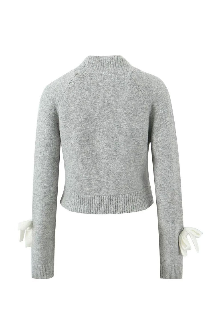 Cute Bow Decor Ribbed Knit Mock Neck Long Sleeve Zip Up Crop Cardigan - Fashionpara