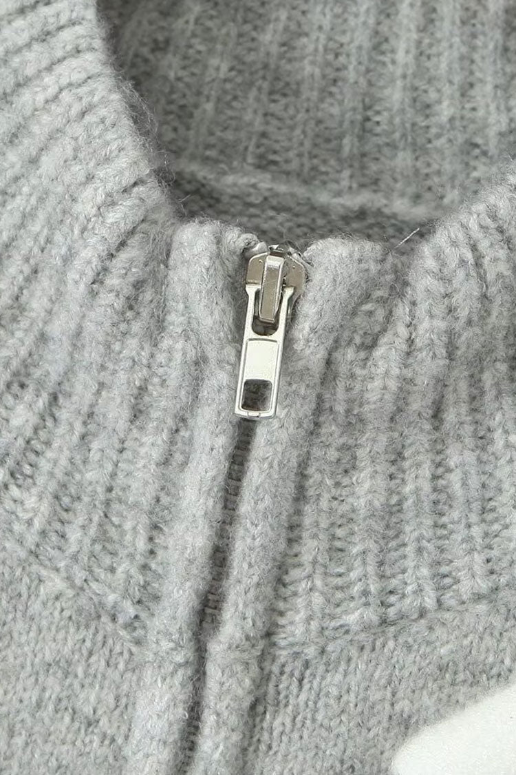 Cute Bow Decor Ribbed Knit Mock Neck Long Sleeve Zip Up Crop Cardigan - Fashionpara