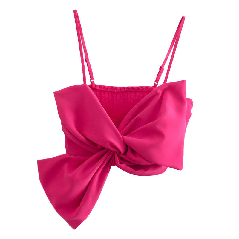 Cute Bow Tie Embellished Ribbed Trim Sleeveless Crop Top - Hot Pink - Fashionpara