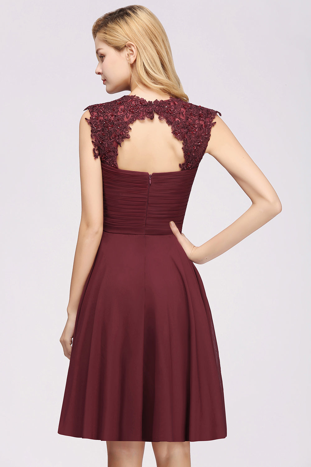 Cute Chiffon Round Neck Short Burgundy Bridesmaid dresses with Appliques - Fashionpara