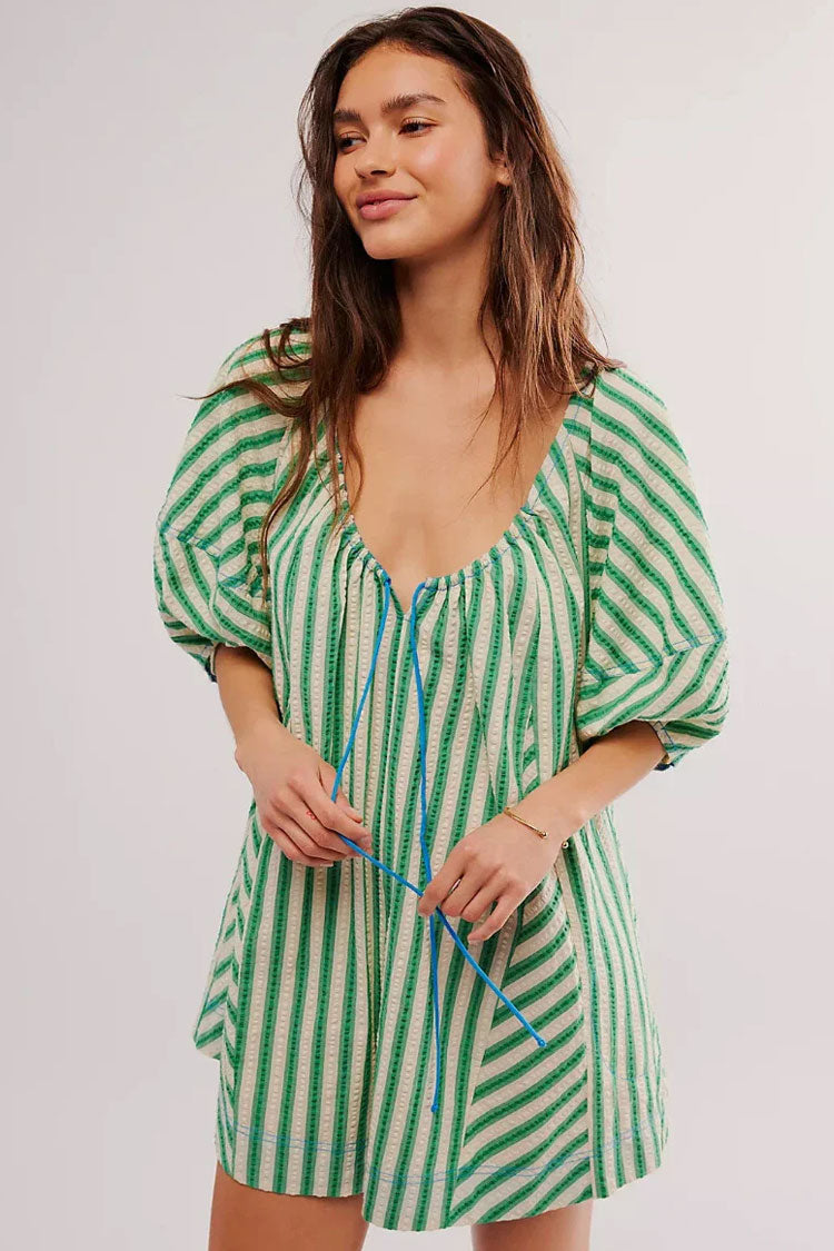 Cute Contrast Printed Bow Tie Neck Puff Sleeve Wide Leg Oversized Romper