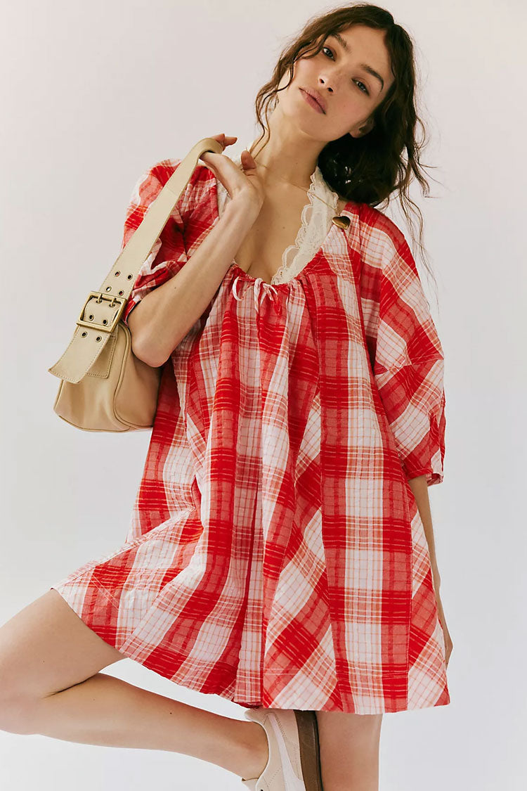 Cute Contrast Printed Bow Tie Neck Puff Sleeve Wide Leg Oversized Romper