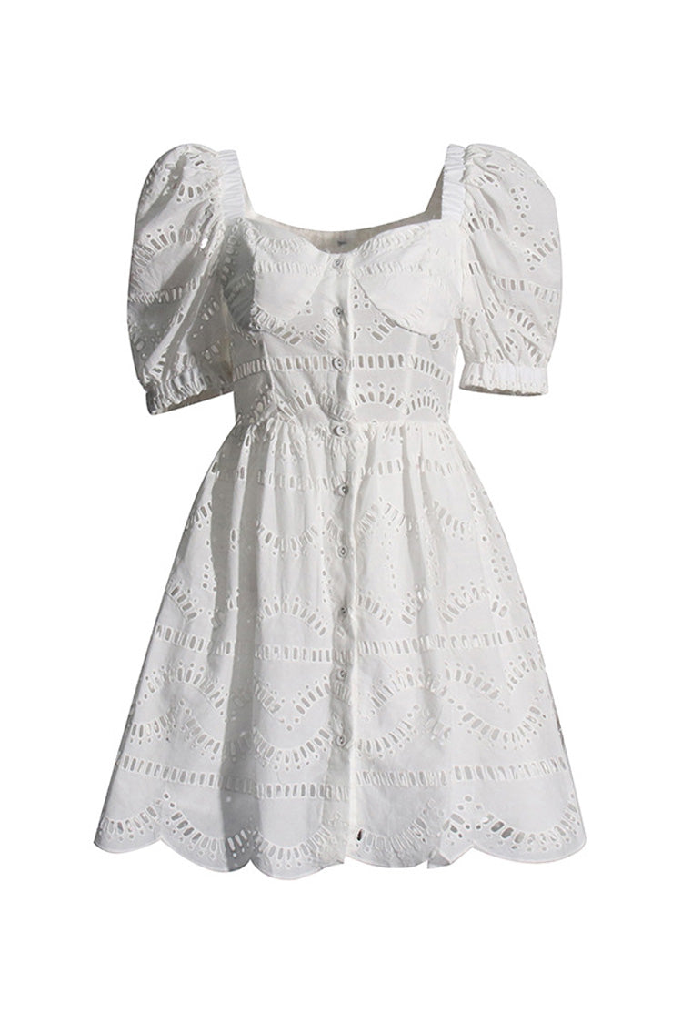 Cute Cutwork Broderie Anglaise Button Up Puff Sleeve Summer Mini Dress - Fashionpara
