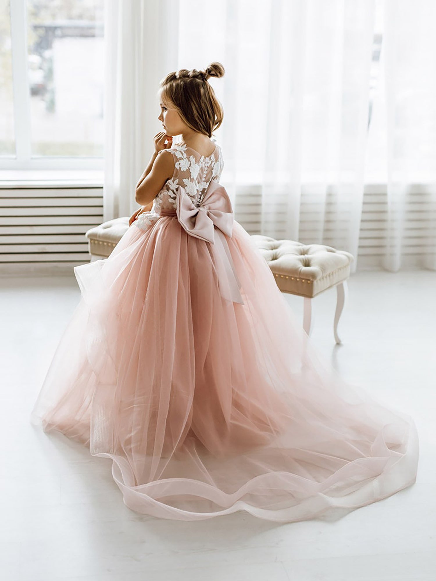 Cute Dusty Rose Puffy Lace Appliqued Sleeveless Flower Girl Dresses - Fashionpara