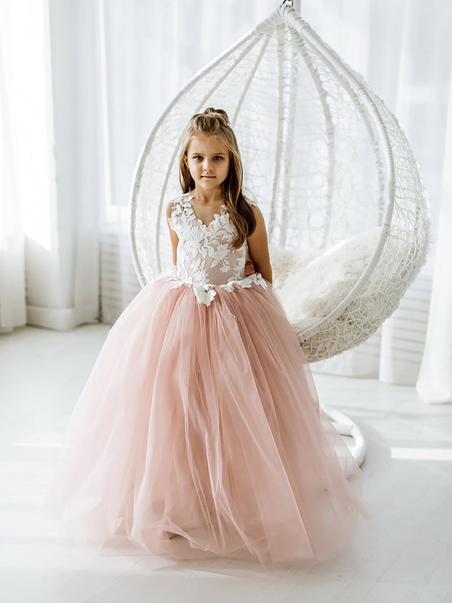Cute Dusty Rose Puffy Lace Appliqued Sleeveless Flower Girl Dresses - Fashionpara