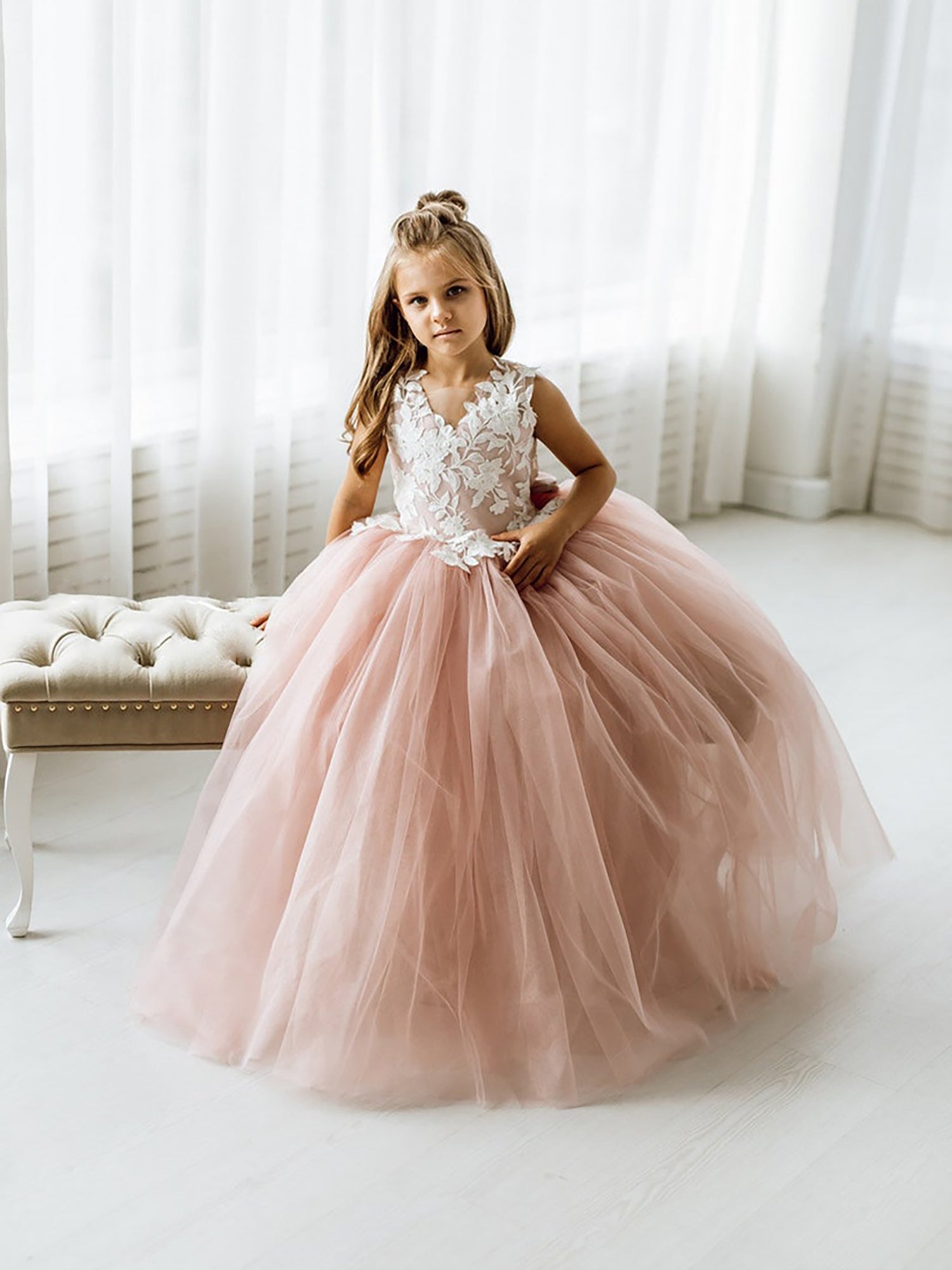 Cute Dusty Rose Puffy Lace Appliqued Sleeveless Flower Girl Dresses - Fashionpara