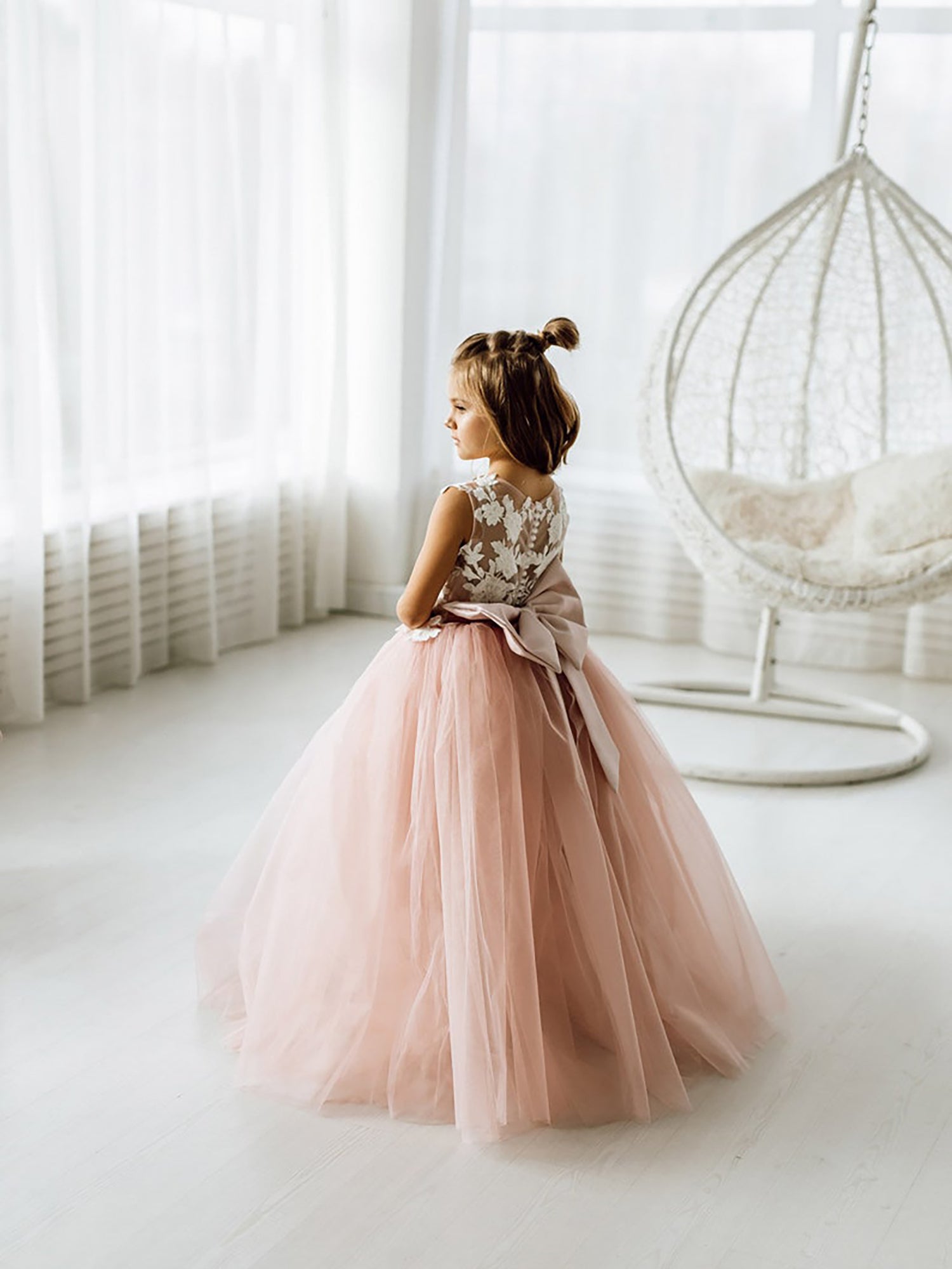 Cute Dusty Rose Puffy Lace Appliqued Sleeveless Flower Girl Dresses - Fashionpara