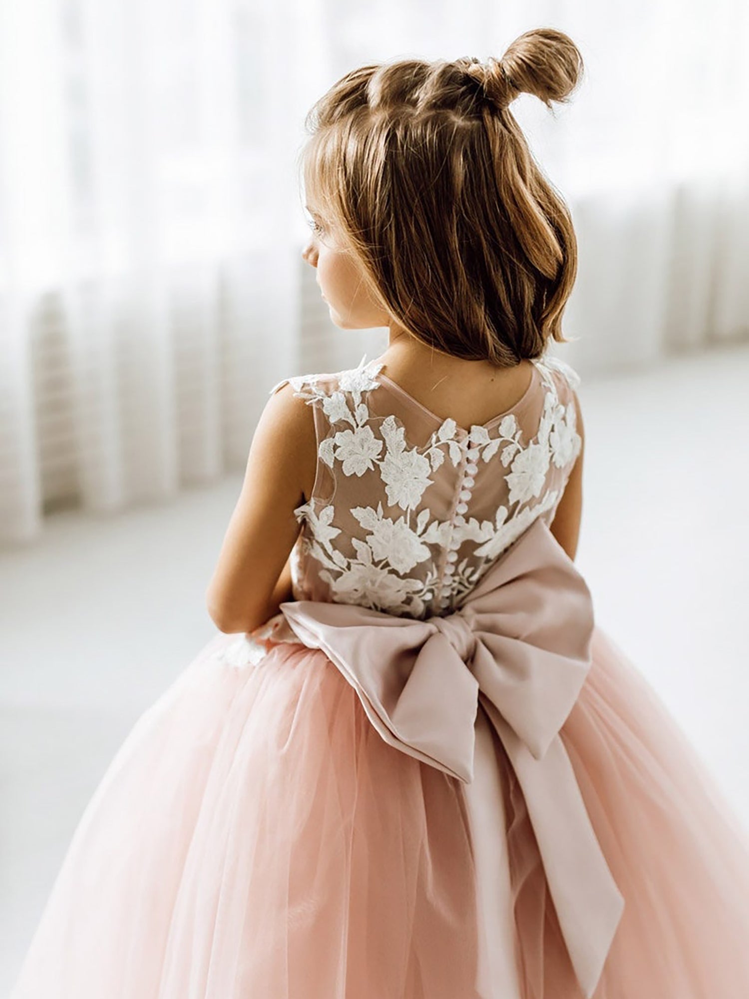 Cute Dusty Rose Puffy Lace Appliqued Sleeveless Flower Girl Dresses - Fashionpara