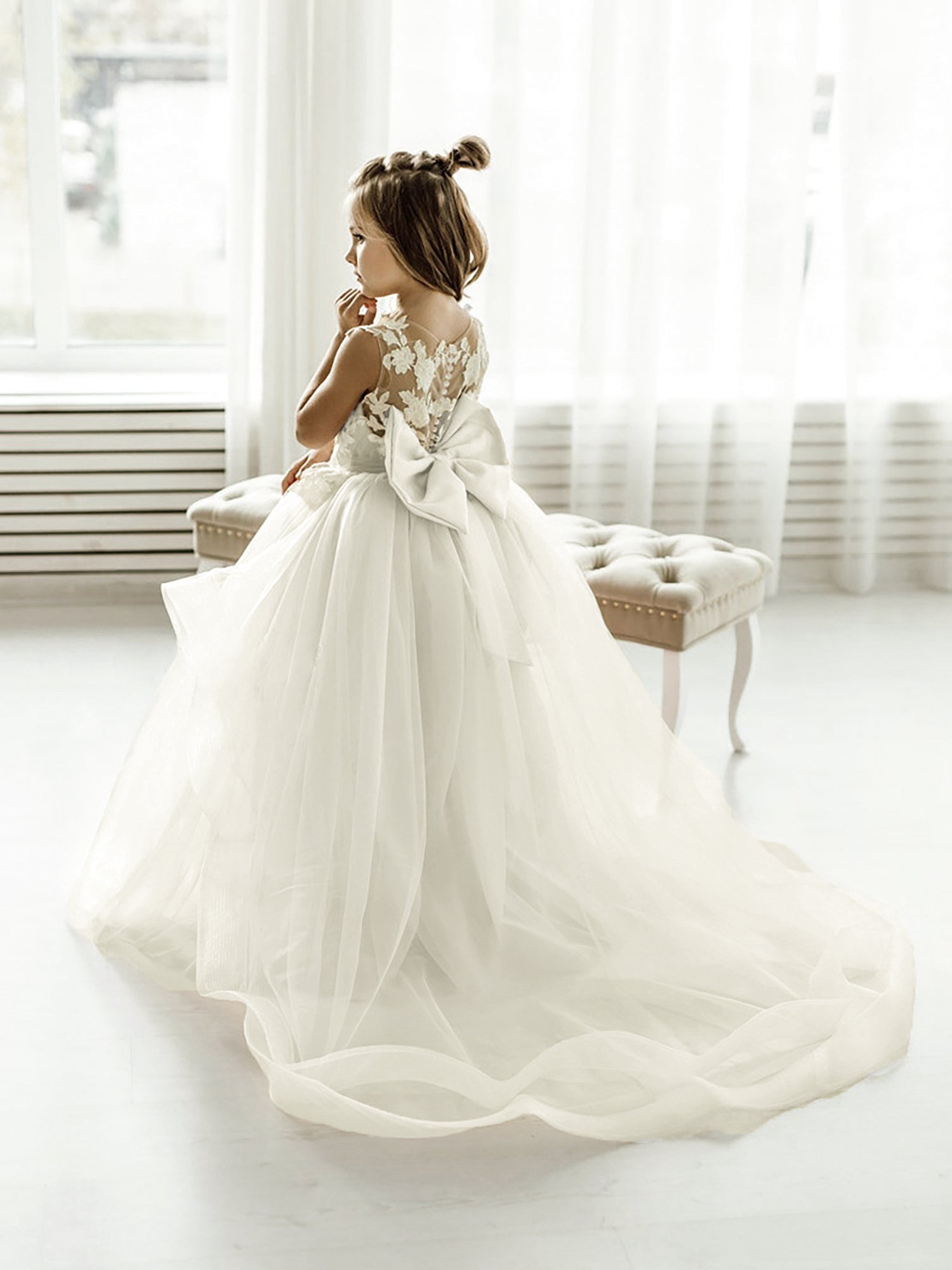 Cute Dusty Rose Puffy Lace Appliqued Sleeveless Flower Girl Dresses - Fashionpara