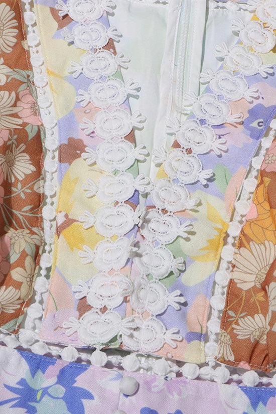 Cute Lace Guipure V Neck Floral Print Blouson Sleeve Beach Vacation Mini Dress - Fashionpara