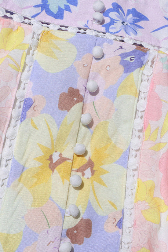 Cute Lace Guipure V Neck Floral Print Blouson Sleeve Beach Vacation Mini Dress - Fashionpara