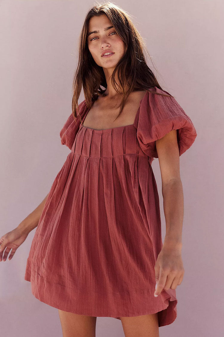 Cute Puff Sleeve Pleated Lace Up Backless Summer Babydoll Mini Dress