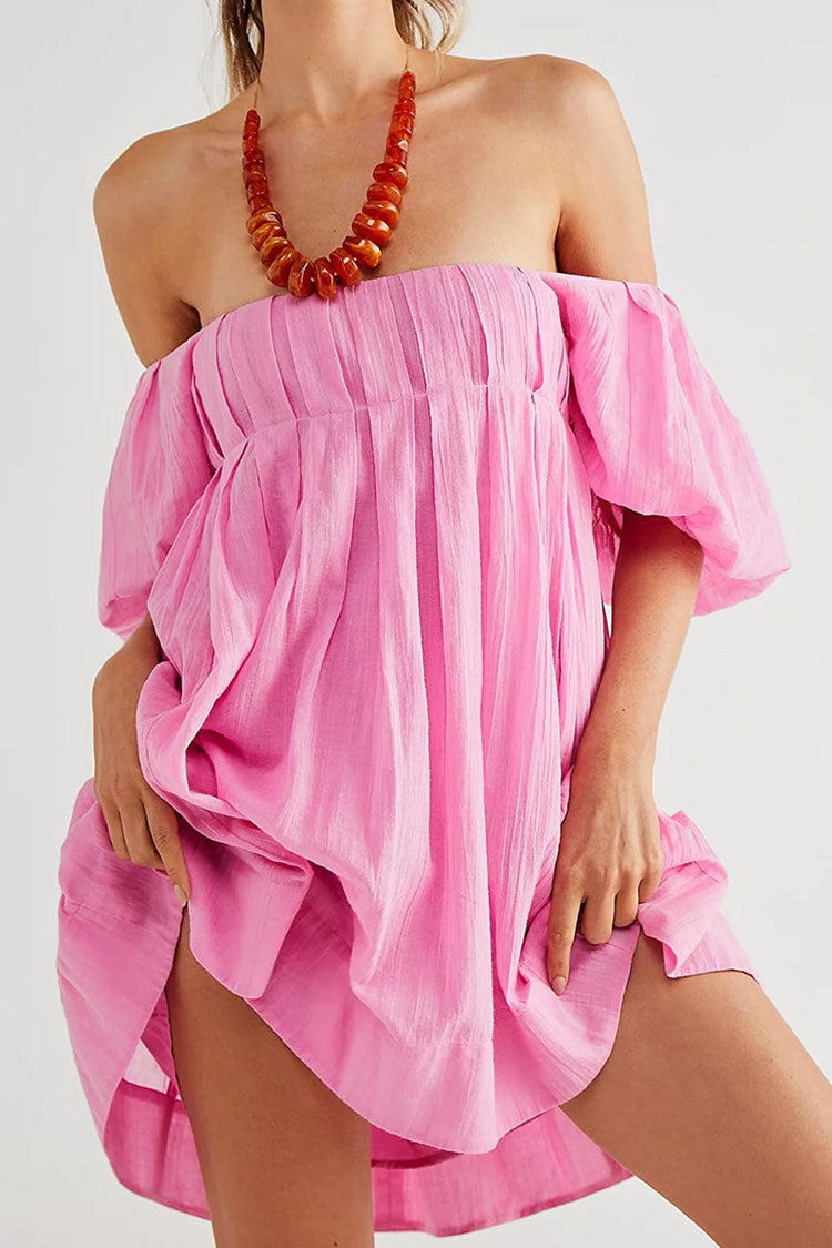 Cute Puff Sleeve Pleated Lace Up Backless Summer Babydoll Mini Dress