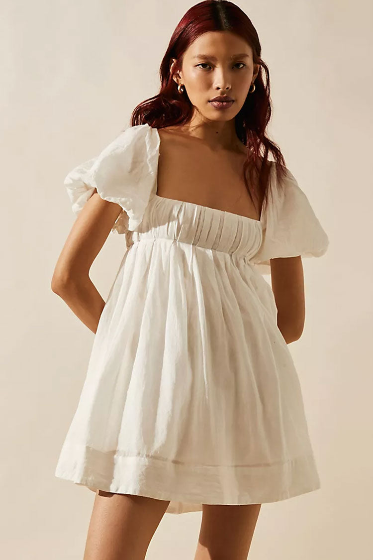 Cute Puff Sleeve Pleated Lace Up Backless Summer Babydoll Mini Dress