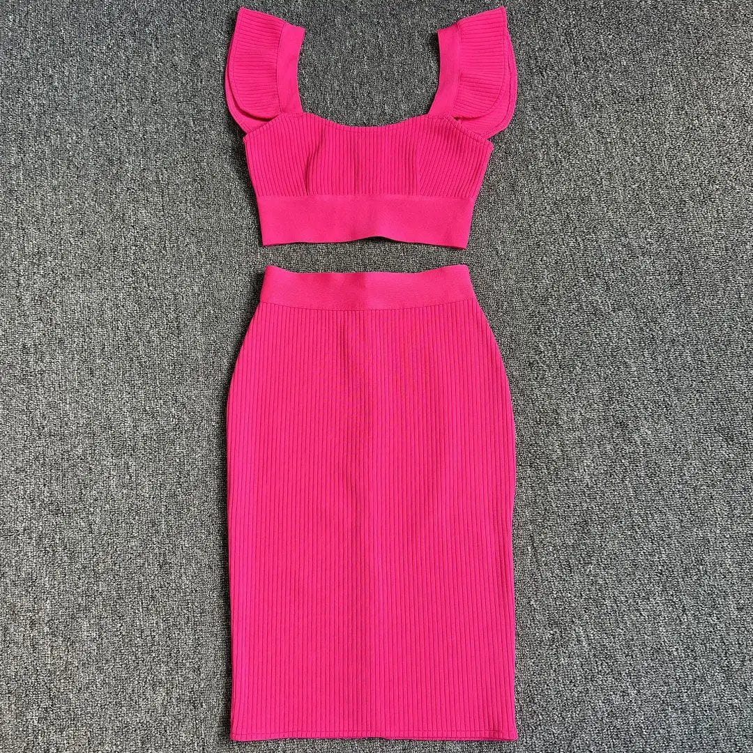 Cute Rib Knit Bandage Crop Top Bodycon Midi Skirt Matching Set - Hot Pink  Fashionpara